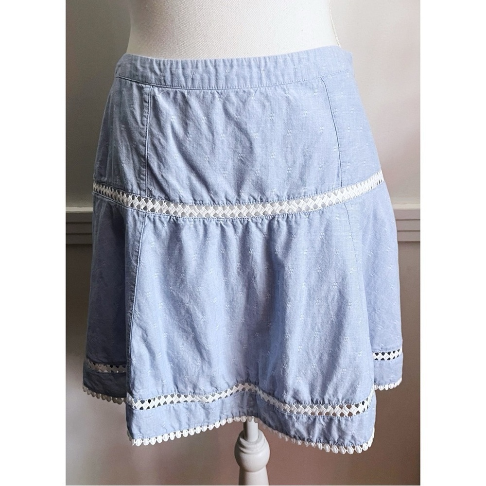White House Black Market • Chambray Blue Soft Skirt Embroidered Trim Eyelet
